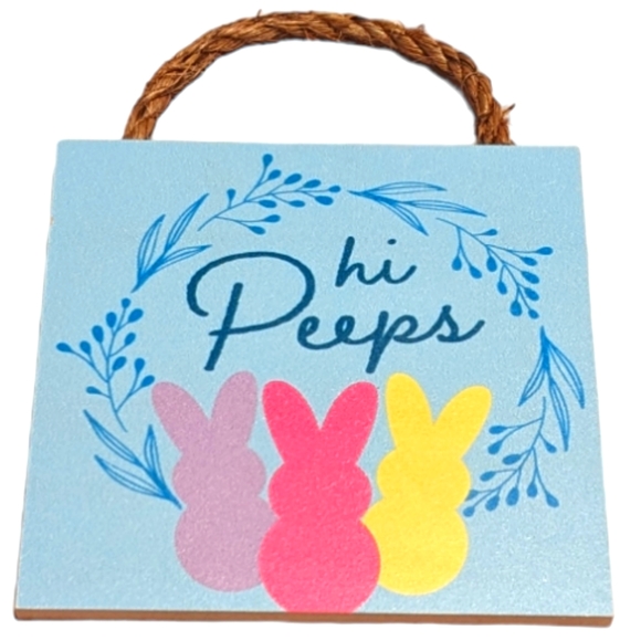 Wincraft Hi Peeps Small Wooden Sign with Jute Rope Hanger for Easter or Everyday - Picture 1 of 4